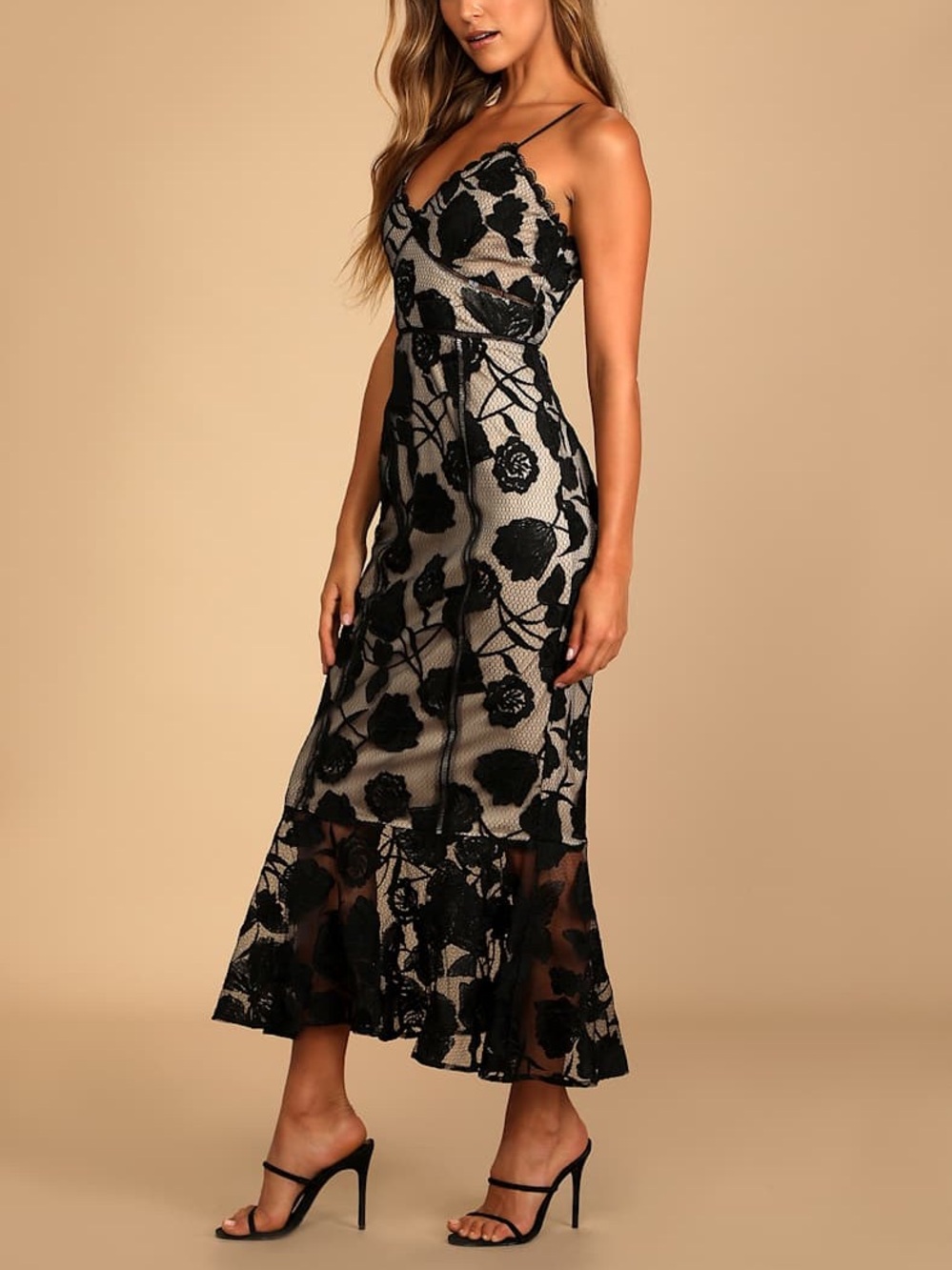 NWT Lulus | Alluring Dream Black Floral Lace Mesh Trumpet Midi Dress | Size: S